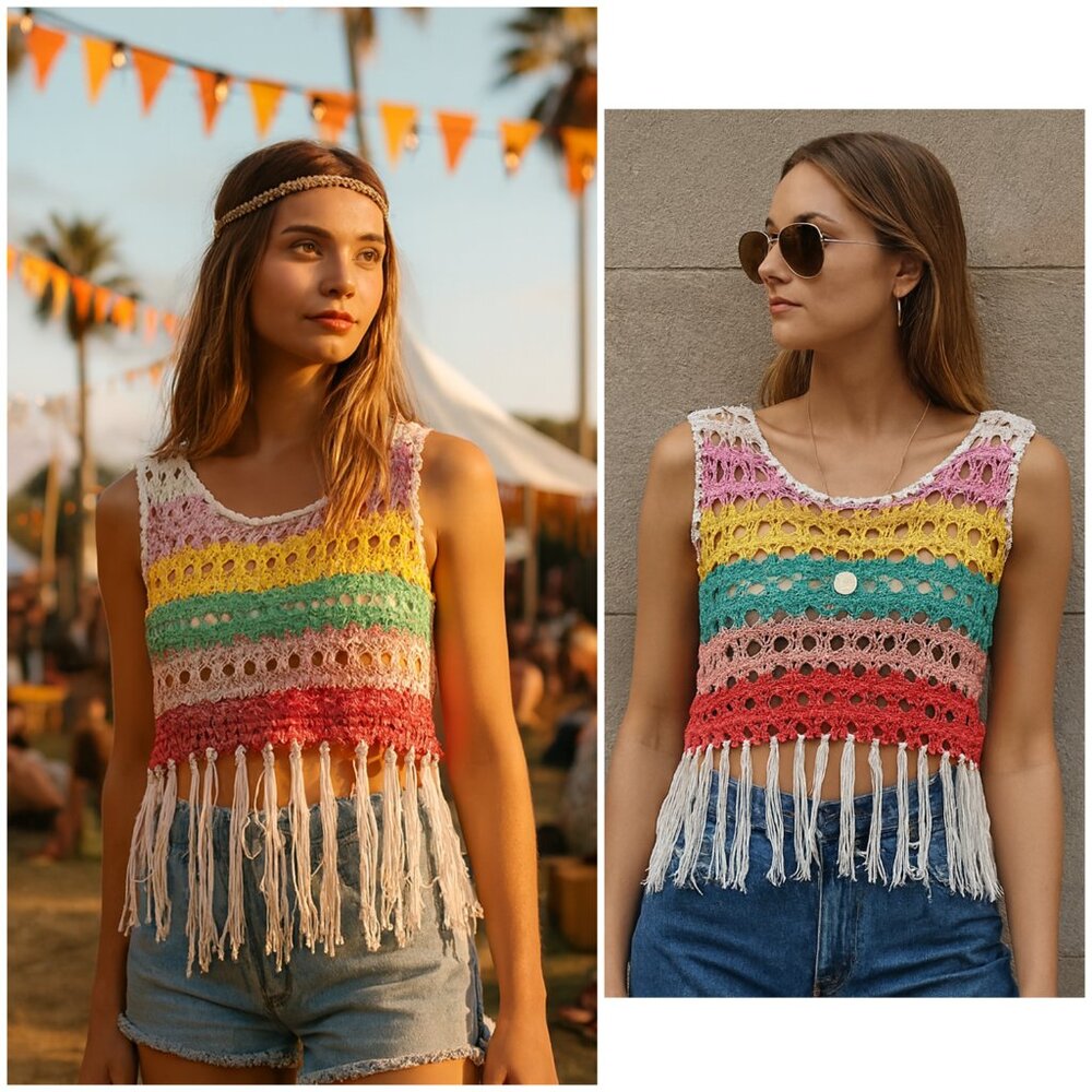 Vintage Y2K Boho Striped Colorful Fringe Crochet Knit 70s Sleeveless Top sz L/XL